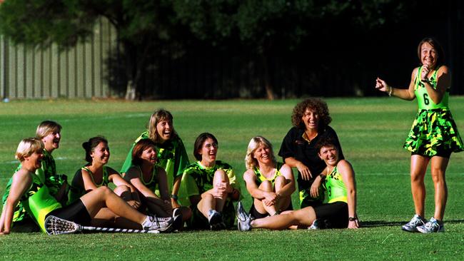 Australian women's lacrosse team in 1997. From left: Cathy Flett, Coralie Owen, Leigh Middelhuis, Tracy Rehn, Carolyn Pickering, Cathy Morphett, Michelle Thomson, coach Jenny Williams, Kylie Taylor and Wendy Greaves.