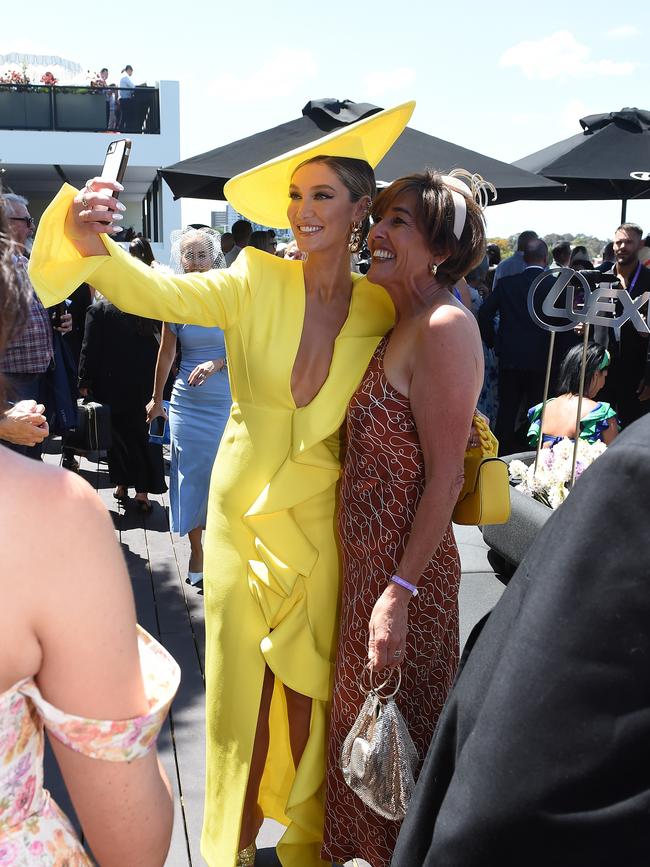 Delta Goodrem was among the celebrities watching the race that stops a nation. Picture: NCA NewsWire / Josie Hayden