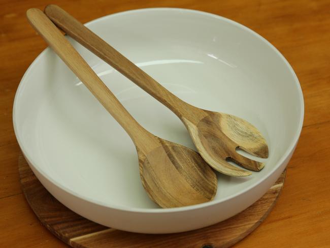 A salad bowl, $79.95; timber base, $49.95; and timber salad server set, $34.95