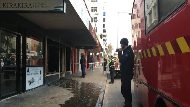 A fire truck at the scene of last night's devastating blaze at Pilgrim Coffee in Hobart's CBD. Picture: SUSAN OONG