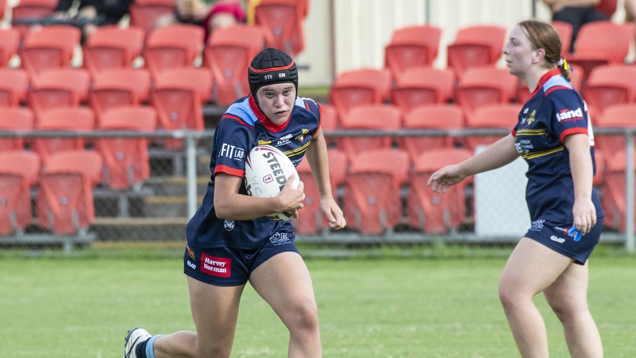 Lucy Davis (pictured in action for the Western Clydesdales Harvey Norman U19s) knows how to find the gaps for Highfields. Picture: Nev Madsen.