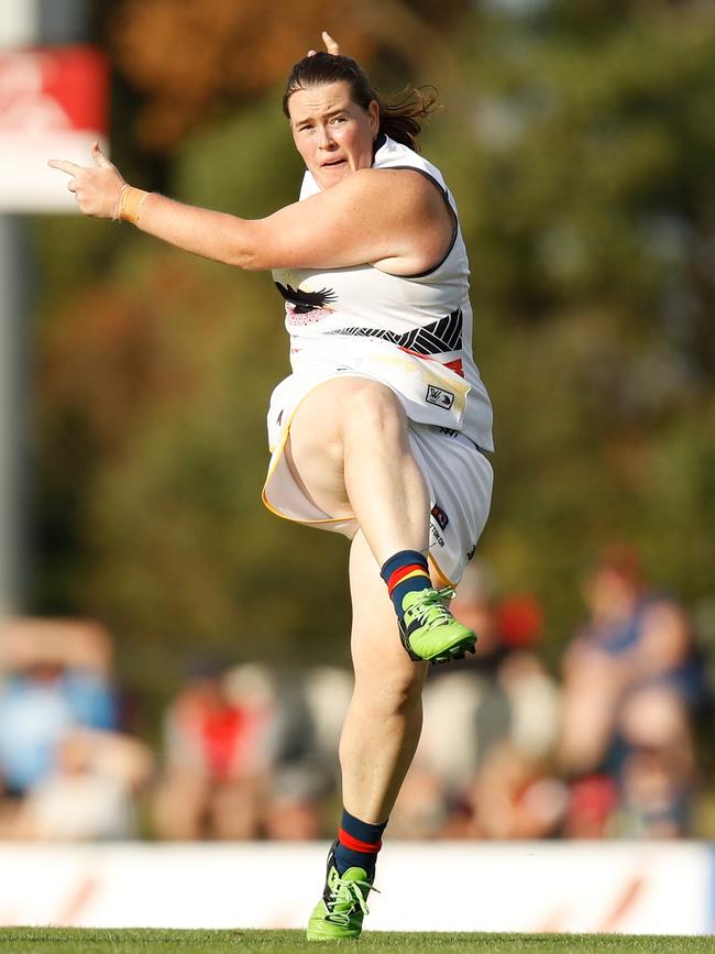 Sarah Perkins in action for the Crows during their AFLW game against Melbourne at Casey  Fields this month. Picture: Michael Willson/AFL Media/Getty Images