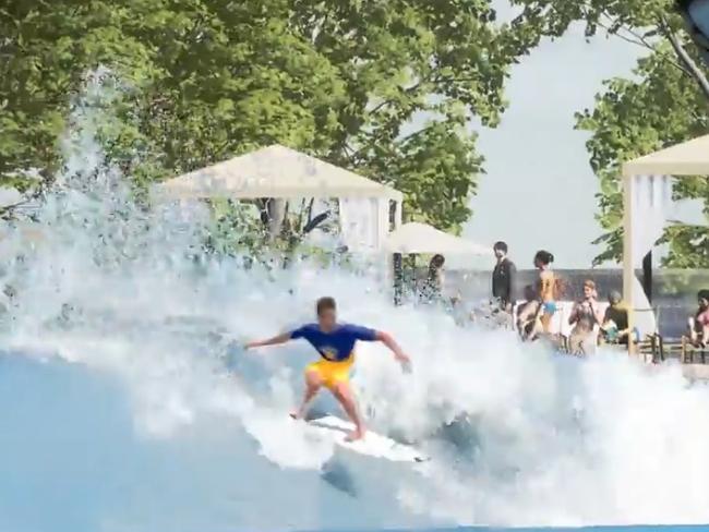 Renders show the planned surf beach pool in action at the proposed Surfnplay Aqua Park by Pellicano