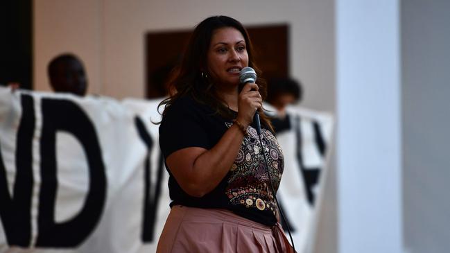 Justice not Jails member Jade Ritchie joined hundreds of Top End Residents outside the NT Parliament on Wednesday in a vigil for Kumanjayi White, a 24-year-old Warlpiri man with a disability who died after being restrained by police in the Alice Springs Coles. Picture: Zizi Averill