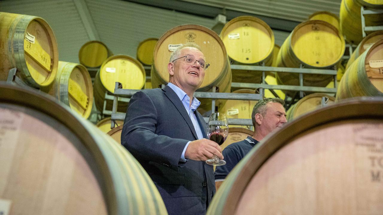 Mr Morrison enjoys a laugh and a drop at Sandalford Wines in Hasluck. Picture: Jason Edwards