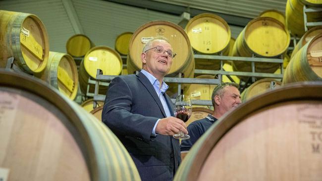 Mr Morrison enjoys a laugh and a drop at Sandalford Wines in Hasluck. Picture: Jason Edwards