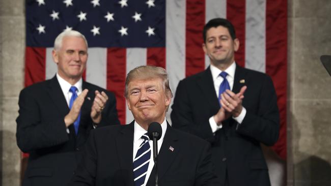 FILE - In this Feb. 28, 2017, photo, President Donald Trump, flanked by Vice President Mike Pence and House Speaker Paul Ryan of Wis., arrives on Capitol Hill in Washington, for his address to a joint session of Congress. No natural orator, Trump has nonetheless shown at times that he can deliver a powerful speech that effectively outlines his vision, strikes an emotional chord and moves commentators to declare that he, at last, looks presidential. And then the teleprompter gets turned off. (Jim Lo Scalzo/Pool Image via AP, File)