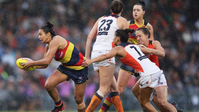 Crows’ Ruth Wallace on the burst against Greater Western Sydney Giants at Blacktown International Sportspark. The match ended in a draw. Matt King/Getty Images