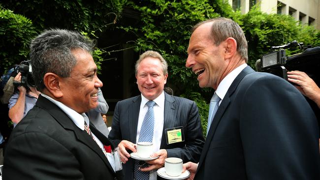 Richie Ah Mat in 2014 with then Prime Minister Tony Abbot and Andrew "Twiggy " Forrest. Picture: File photo.