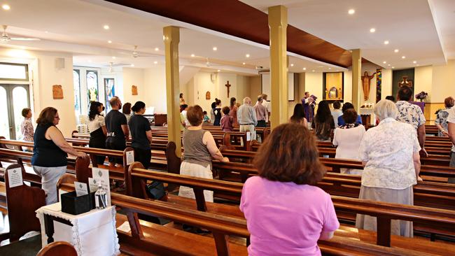 Father Sam Lynch’s socially distanced congregation at St Patrick's in Summer Hill. Picture: Adam Yip