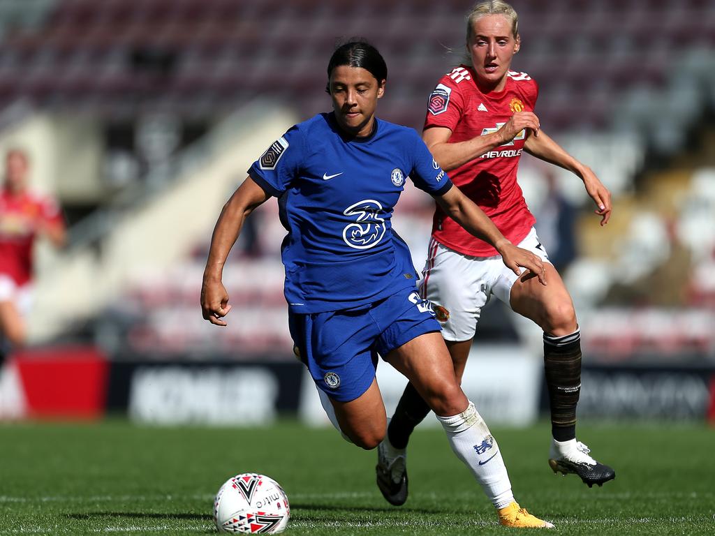 Matildas star Sam Kerr playing with Chelsea. Kerr’s Chelsea coach Emma Hayes is a contender for the vacant Matildas job. Picture: Lewis Storey/Getty Images