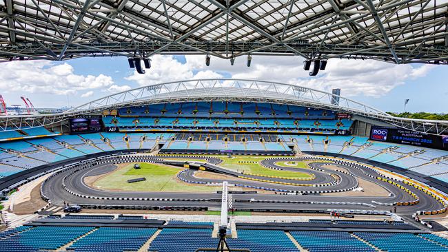 A car drives on the Accor Stadium track for the Race of Champions. Picture: Race of Champions