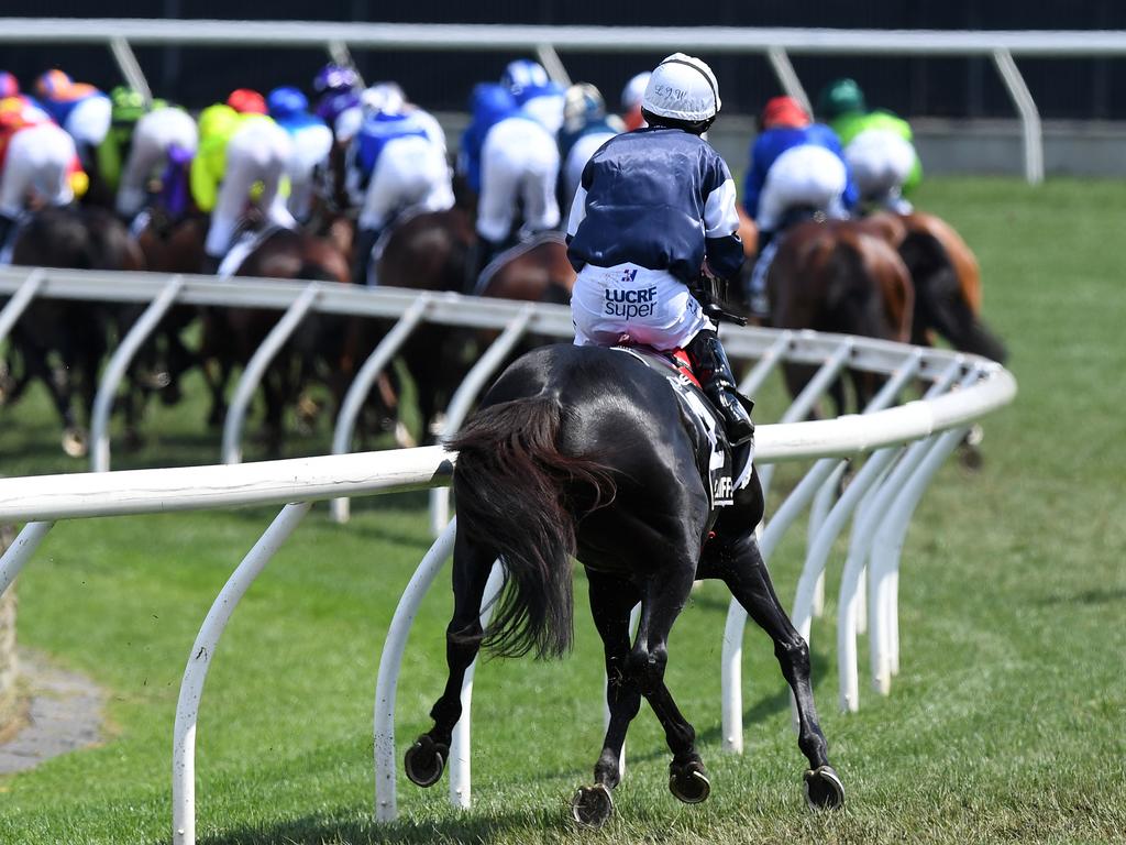 The CliffsofMoher pulls up injured in last year’s Melbourne Cup. (AAP Image/Dan Himbrechts)