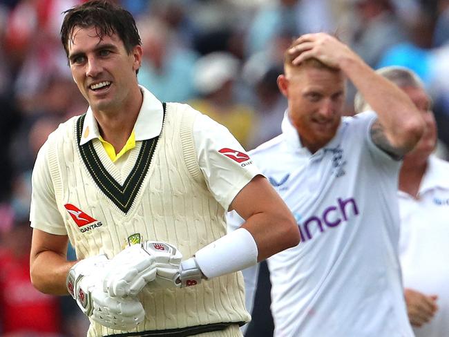 England's captain Ben Stokes (R) reacts as Australia's Pat Cummins celebrates winning the first Ashes cricket Test match between England and Australia at Edgbaston in Birmingham, central England on June 20, 2023. Australia beat England by two wickets to win a thrilling first Ashes Test at Edgbaston on Tuesday. Australia were struggling at 227-8, still 54 runs shy of a victory target of 281, when skipper Pat Cummins was joined in the middle by tailender Nathan Lyon. (Photo by Geoff Caddick / AFP) / RESTRICTED TO EDITORIAL USE. NO ASSOCIATION WITH DIRECT COMPETITOR OF SPONSOR, PARTNER, OR SUPPLIER OF THE ECB