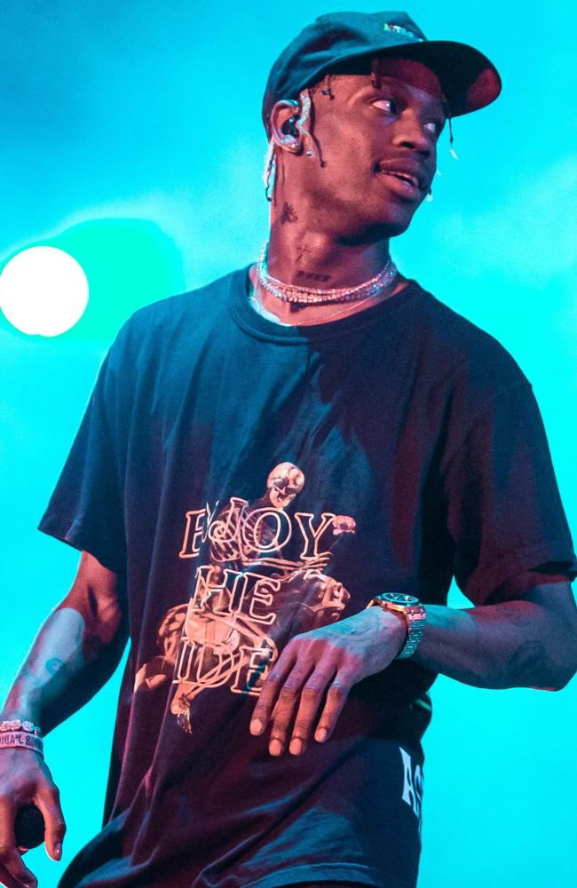 Travis Scott has been sued for having ‘incited mayhem’ at the concert after eight people were killed and dozens were injured. Picture: AFP.