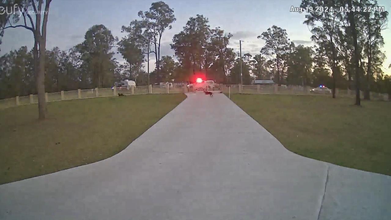 Home security footage captured the slow-speed pursuit on Sandy Ridges Road near Nanango, where the suspects reportedly tore through a neighbour’s property before fleeing on foot.