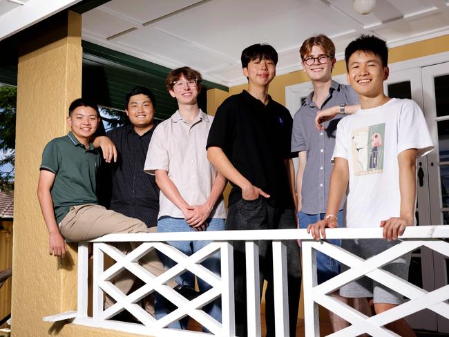 L to R, Michael Ye 17yrs, Joshua Liew 17yrs, Sam Wojcik 17yrs, Ben Eom 18yrs, Atticus Moore 17yrs, Alex Fung 18yrs and Dux the QCE Distinguished Academic Achiever Award Recipient, students at BBC for ATAR results, Brisbane Boys' College, Toowong - on Thursday 12th December 2024 - Photo Steve Pohlner