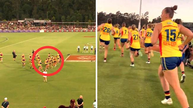 The Crows players arrived for the anthem and welcome to country. Photo: Channel 7 and Twitter @CrowsAFLW.