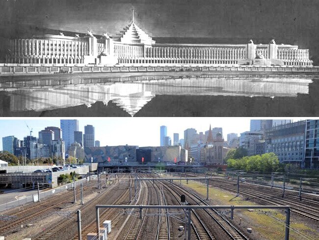 A design by Walter Burley Griffin of a building complex next to the Yarra at the Jolimont rail yards and, below, the rail yard area as it is now.