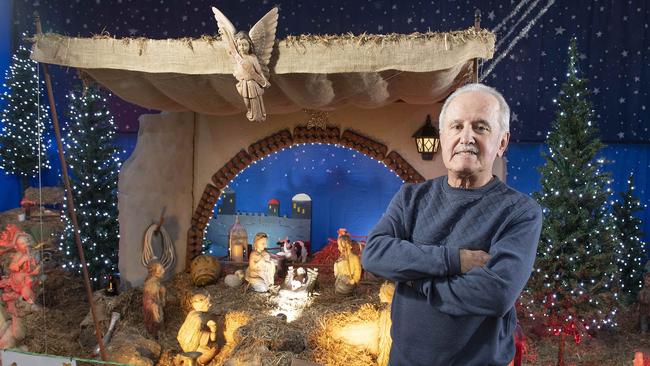 Larry Mizzi has built his annual giant Christmas nativity display at St Peter's Catholic Church in East Keilor. Picture: Ellen Smith