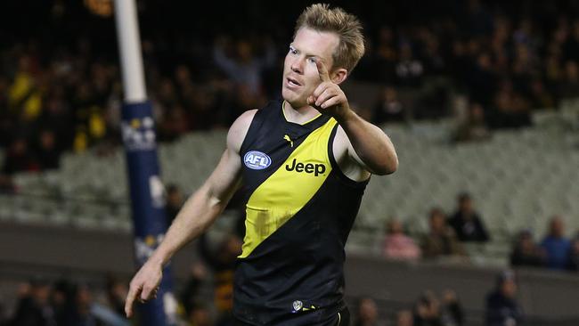 Jack Riewoldt celebrates a last quarter goal. Picture: Michael Klein