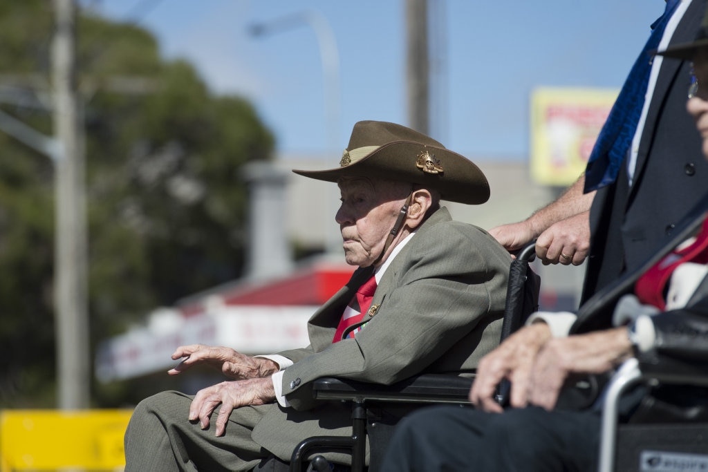 25th Battalion Association member Second World War veteran Bert Miles during the march to the Citizens' Commemoration Service for Anzac Day 2016, Monday, April 25, 2016. Picture: Kevin Farmer