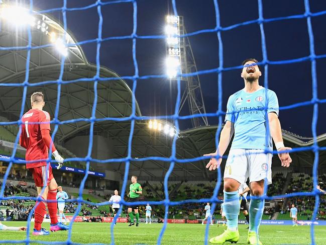 MELBOURNE, AUSTRALIA - NOVEMBER 09:  Bruno Fornaroli of Melbourne City shows his frustration after missing a shot on goal during the round four A-League match between Melbourne City and the Wellington Phoenix at AAMI Park on November 9, 2018 in Melbourne, Australia.  (Photo by Quinn Rooney/Getty Images)