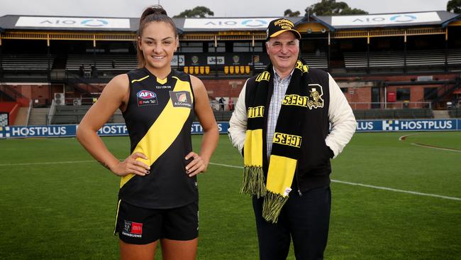 Richmond AFLW star Monique Conti and former Tiger Frank Dimmatina at Punt Road on Friday. Picture: Michael Klein