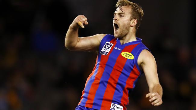 Blake Pearson celebrates a grand final goal during his footy days with Port Melbourne. Picture: Michael Klein