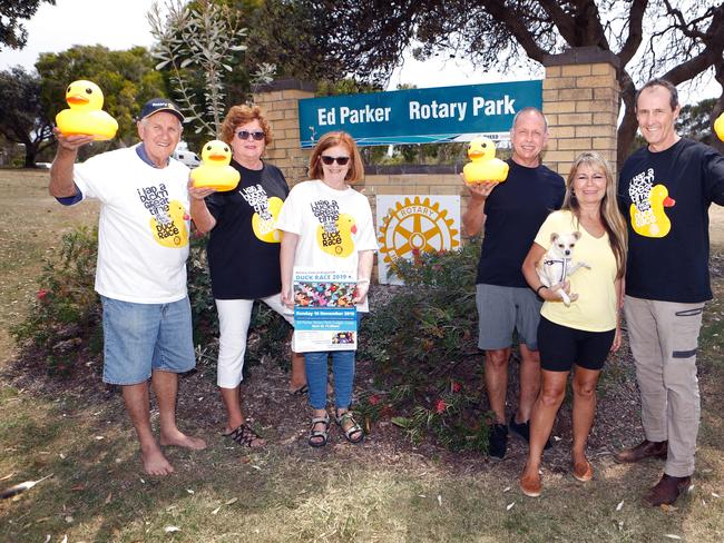 Looking forward to the annual Kingscliff Rotary Duck Race on Cudgen Creek this Sunday are avid 'duck racers' Les Holt, Liz Terrill, Julie Noble, Phil Smit, xxxx and Rory Curtis. Photo:RICHARD MAMANDO