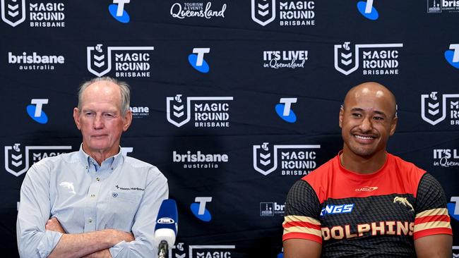 Wayne Bennett and Felise Kaufusi at a press conference earlier this season. Photo by Bradley Kanaris/Getty Images