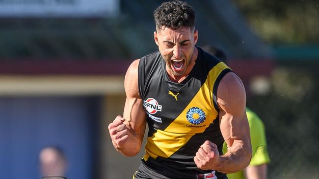 EFNL 2024: Jake Parente celebrates a goal in Mitcham's QF win over Sth Belgrave. Picture: Leesa Clarkson