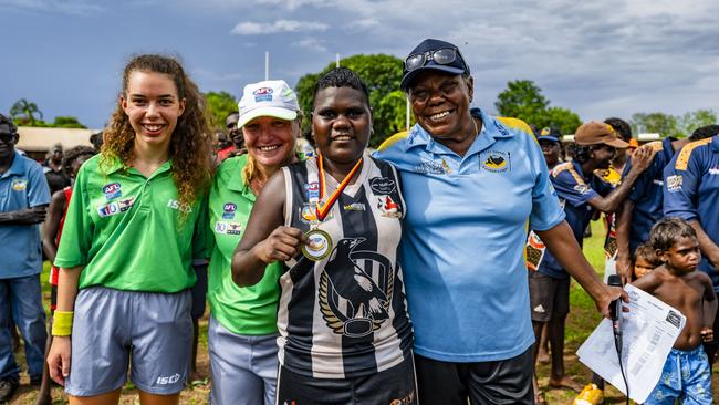 Jodie Palipuaminni won the best on ground award for her performance in Muluwurri Magpies inaugural Tiwi Islands Football League women's grand final win. Picture: Patch Clapp / AFLNT Media