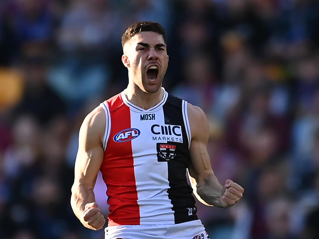 BRISBANE, AUSTRALIA - AUGUST 26: Jade Gresham of the Saints celebrates kicking a goal during the round 24 AFL match between the Brisbane Lions and St Kilda Saints at The Gabba, on August 26, 2023, in Brisbane, Australia. (Photo by Albert Perez/AFL Photos via Getty Images)