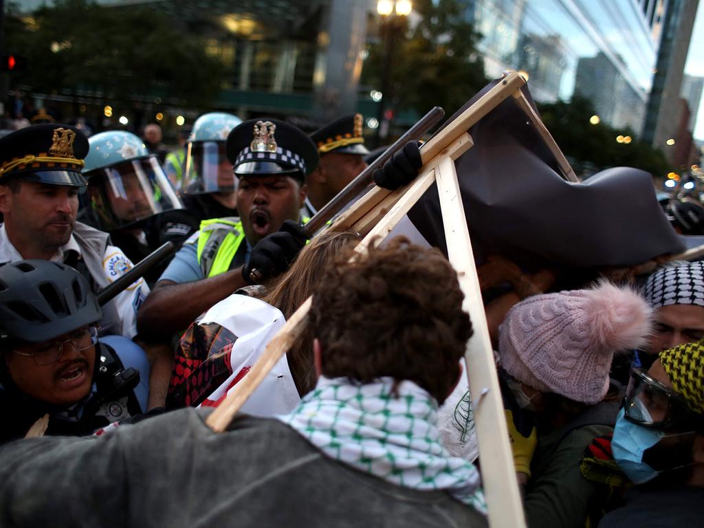 A massive police presence confronted protesters outside the Israeli consulate. Picture: AFP