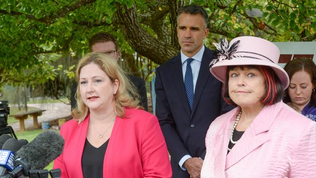 Member for Mayo Rebekha Sharkie, left, and Mt Barker District Council Mayor Ann Ferguson at a press conference where Labor promised a new hospital at Mt Barker. Picture: NCA NewsWire / Brenton Edwards