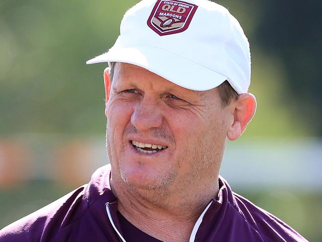 Kevin Walters and the Queensland Origin team hold a training run at Langlands Park in Brisbane ahead of the Origin decider in Sydney on Wednesday. Pics Adam Head