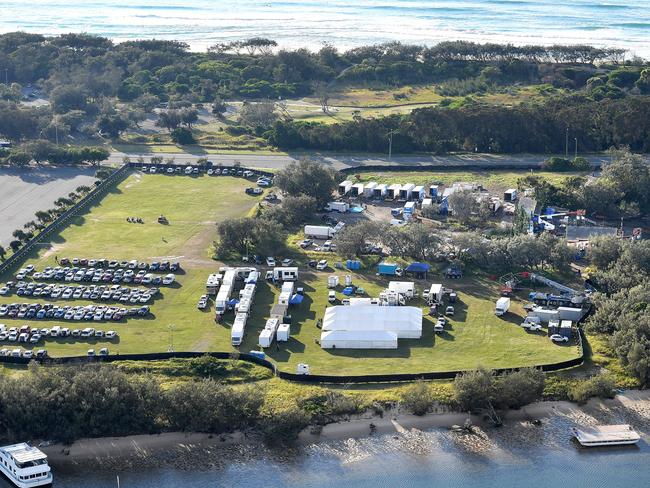 A unit base at The Spit during one of several location shoots for the DC superhero movie Aquaman, filmed on the Gold Coast last year. Picture: AAP/Dave Hunt.