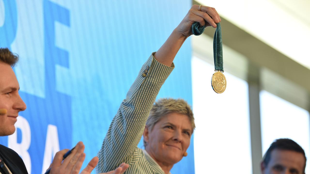 Olympian Nat Cook shows her gold medal at the Future Toowoomba lunch at Wellcamp Airport, Friday, December 3, 2021. Picture: Kevin Farmer