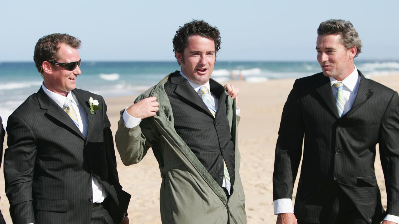 Rodney Dedman with members of his party after his arrival via the sky to his own wedding. Picture: Anthony Reginato