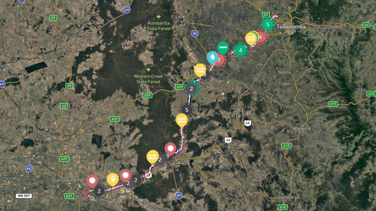 A map of the proposed route of the Inland Rail between the NSW/Queensland border to Gowrie, near Toowoomba.