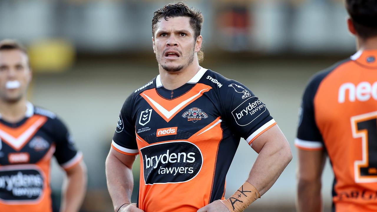 SYDNEY, AUSTRALIA - JULY 04: James Roberts of the Tigers watches the big screen during the round 16 NRL match between the Wests Tigers and the South Sydney Rabbitohs at Leichhardt Oval on July 04, 2021, in Sydney, Australia. (Photo by Mark Kolbe/Getty Images)