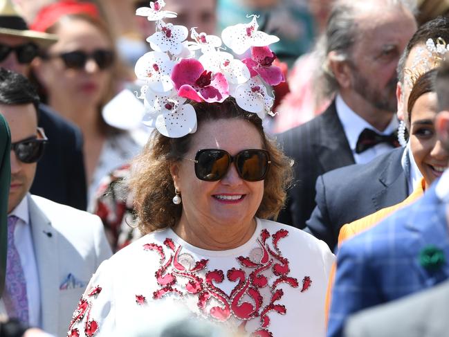 Gina Rinehart in the Birdcage on Melbourne Cup Day. Picture: AAP Image/Julian Smith