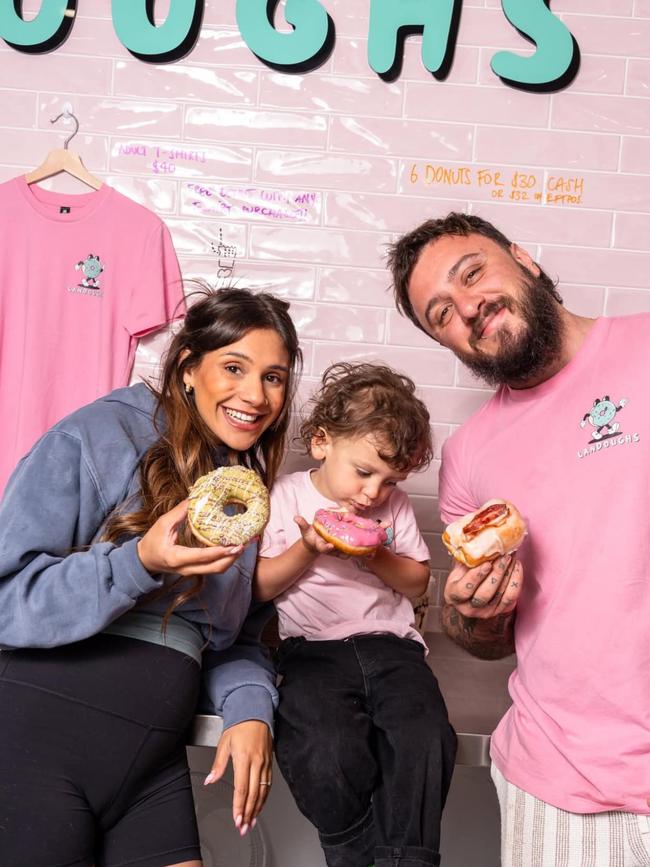 Josh Rivers, partner Chimere and their son Lando. Landough's donut shop on Jetty Rd, Glenelg is closing due to cost of living. Picture: Facebook