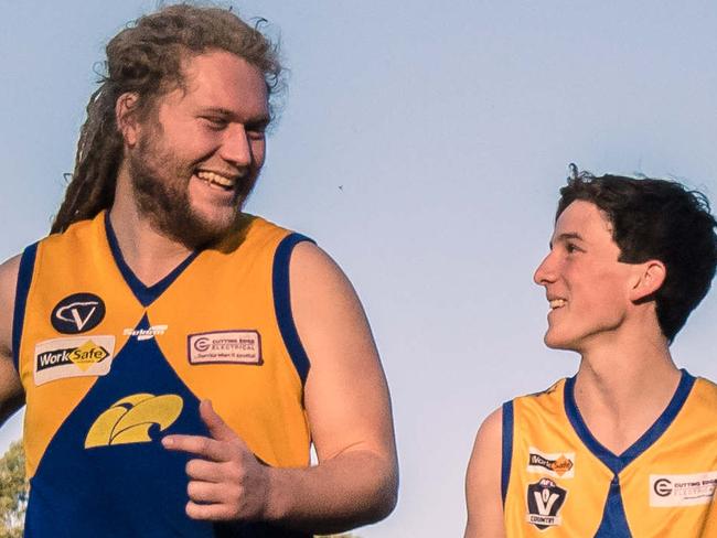 Chris gardiner, 27 and Cal Auldist, 16,  at Ellinbank Recreation Reserve, Warragul South, story about prosed shakeup of Gippsland footy club rules that would see kids U17 have to play against seniors. Picture: Jason Edwards