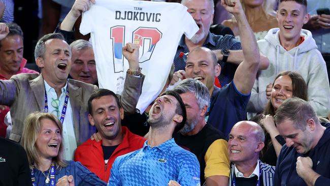 MELBOURNE, AUSTRALIA - JANUARY 29: Novak Djokovic of Serbia celebrates winning championship point with Dijana Djokovic, Goran Ivanisevic and his player box in the MenÃ¢â¬â¢s Singles Final against Stefanos Tsitsipas of Greece during day 14 of the 2023 Australian Open at Melbourne Park on January 29, 2023 in Melbourne, Australia. (Photo by Lintao Zhang/Getty Images)