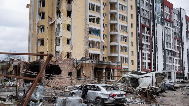 A damaged apartment building in Hostomel, Ukraine, after the Russian invasion. Picture: Getty Images