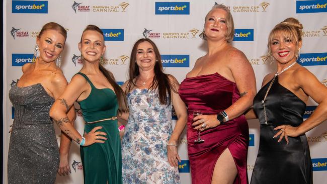 Makaylia Ravlich, Emma Brown, Norma Box, Vera Ducik and Jo Norton at the 2024 Darwin Turf Club Gala Ball. Picture: Pema Tamang Pakhrin