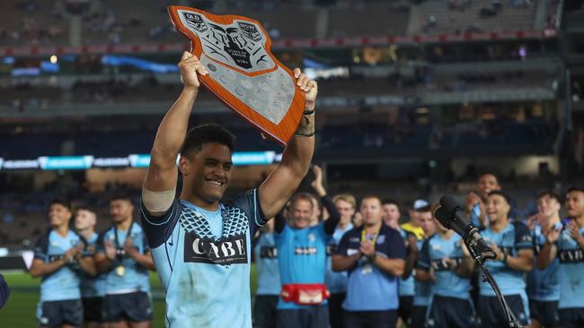 Shawn Blore with the victorious NSW team after defeating Queensland 16-10 in the under-18 State of origin at the MCG. Picture: Paul Barkley- NRL Photos