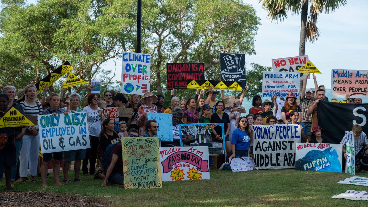 More than a hundred gathered to protest Middle Arm ahead of the second day of public hearings about the proposed development in Darwin. Picture: Pema Tamang Pakhrin